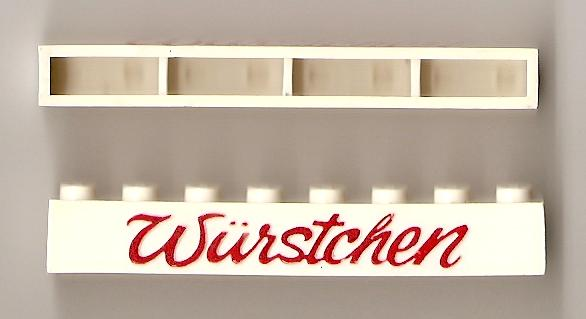 Lego Brick 1 x 8 without Bottom Tubes with Cross Side Supports with Red 'Würstchen' Script Pattern ('Wurstchen')