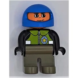 Duplo Figure, Early, Helmet Blue, Dark Gray Legs, Lime Vest and Police Badge Print / Black
