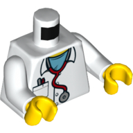Lego Torso Lab Coat, Stethoscope, Pocket, Pens, Blue Shirt Print, White Arms, Yellow Hands / White