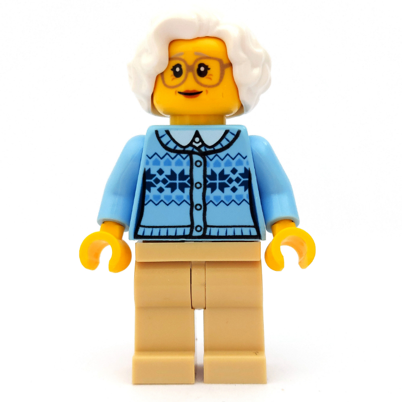 Lego Woman, Bright Light Blue Cardigan, Tan Legs, White Hair, Glasses