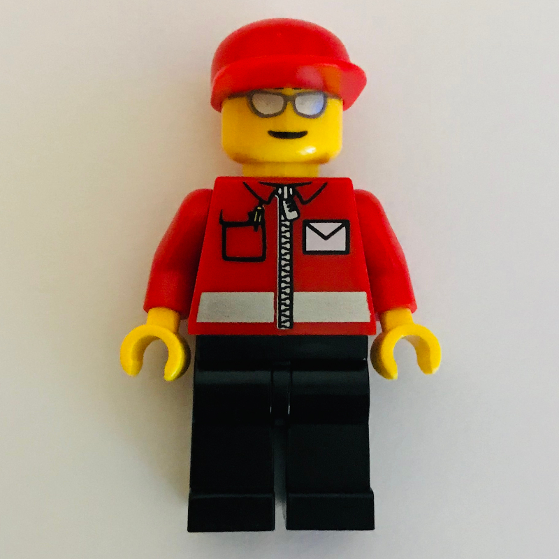 Lego Postal Worker, Red Jacket with Zipper and Letter Logo, Black Legs, Red Cap, Silver Sunglasses