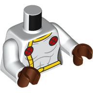 Lego Torso Jumpsuit, Yellow Belt, Red Circles with Black X print, White Arms, Reddish Brown Hands / White
