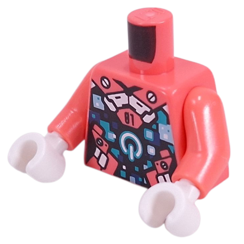 Lego Torso, Dark Turquoise/White On/Off Button, Pixelated Dark Turquoise/Dark Blue Pizels, Coral Straps, '01' print, Coral Arms, White Hands / Coral