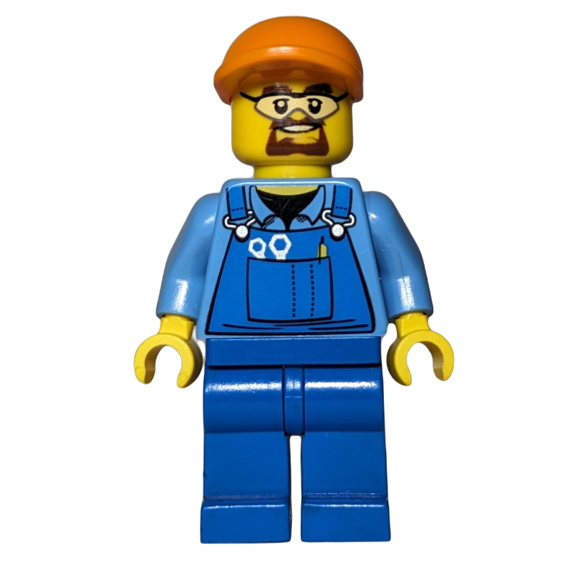 Lego Man, Blue Overalls over Shirt, Blue Legs, Orange Cap, Safety Glasses and Goatee Beard