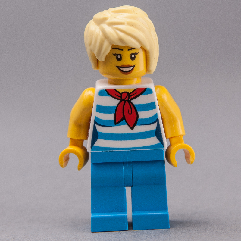 Lego Woman, White and Dark Azure Striped Tank Top with Red Neckerchief, Dark Azure Legs, Bright Light Yellow Hair