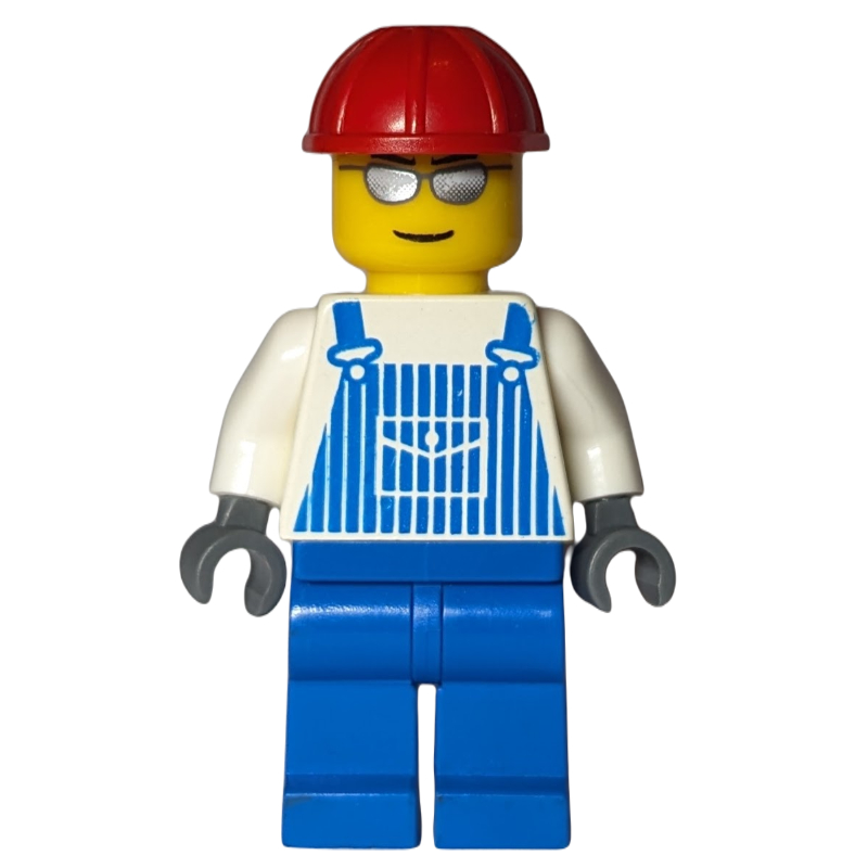 Lego Man, Blue and White Striped Overalls, Red Hard Hat, Silver Sunglasses