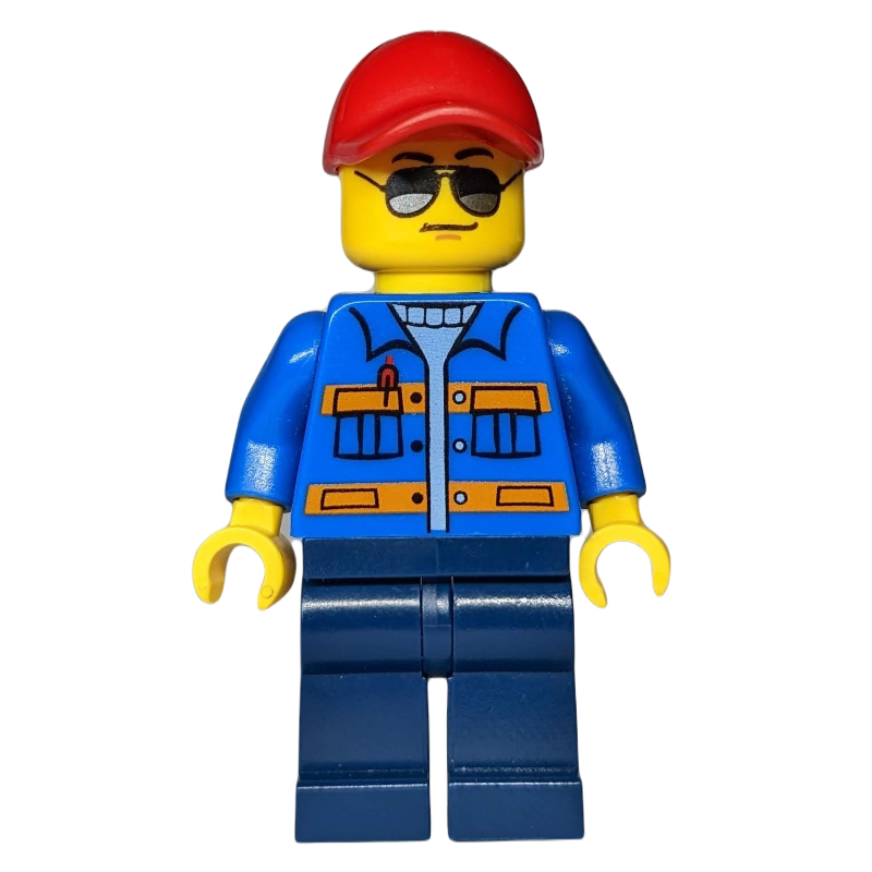Lego Man, Blue Jacket with Orange Stripes, Dark Blue Legs, Red Cap, Sunglasses