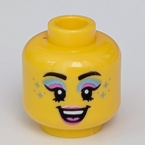 Lego Minifig Head, Dark Pink/Dark Turquoise Eye Shadow, Dark Turquoise Dots, Open Mouth print [Hollow Stud] / Yellow