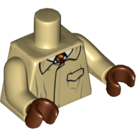 Lego Torso Jacket with Pocket, White Shirt, Dark Red and Yellow Tie Print, Tan Arms, Reddish Brown Hands / Tan