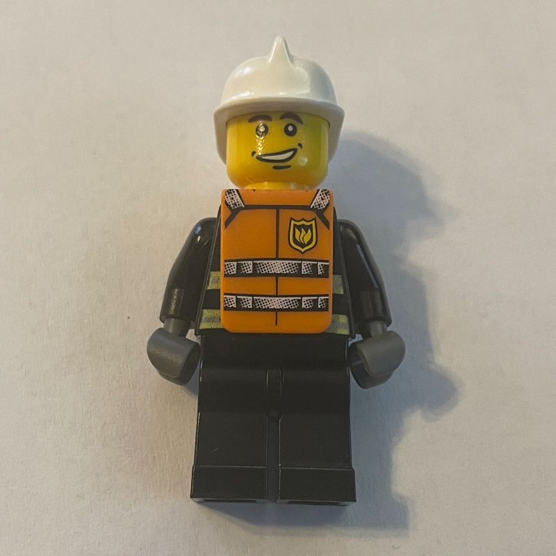 Lego Fireman, Black Fire Jacket with Reflective Stripes, Radio, and Badge, White Helmet, Orange Vest