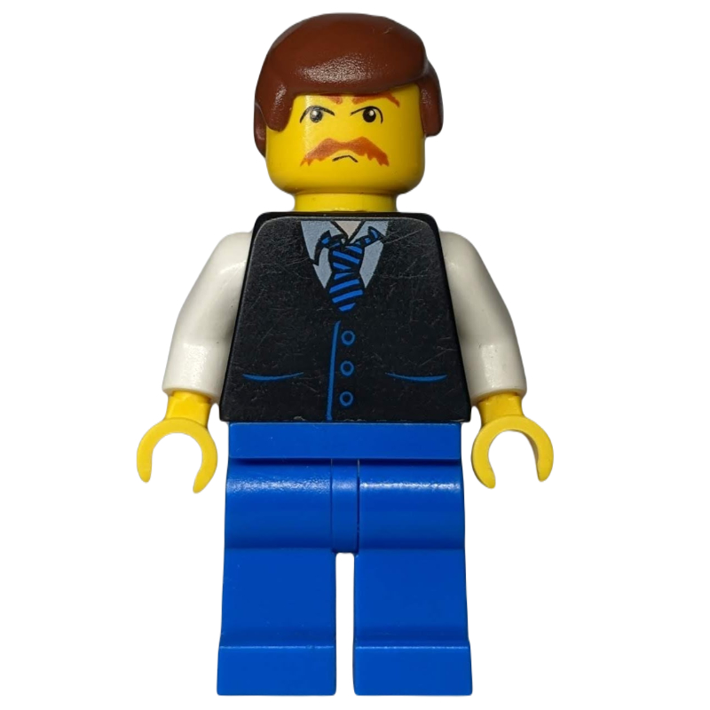 Lego Man, Black Jacket, White Arms. Blue Legs