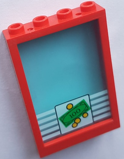 Lego Window 1 x 4 x 5 with Hollow Studs with Trans-Light Blue Glass with Bank Money 100 Bill and 4 Coins Pattern (2493b / 2494pb03)