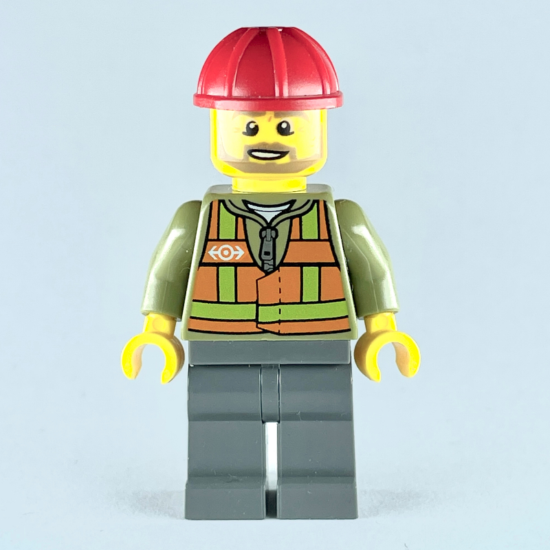 Lego Train Worker, Orange Safety Vest with Train Logo over Olive Green Hoodie, Dark Bluish Gray Legs, Red Hard Hat, Beard