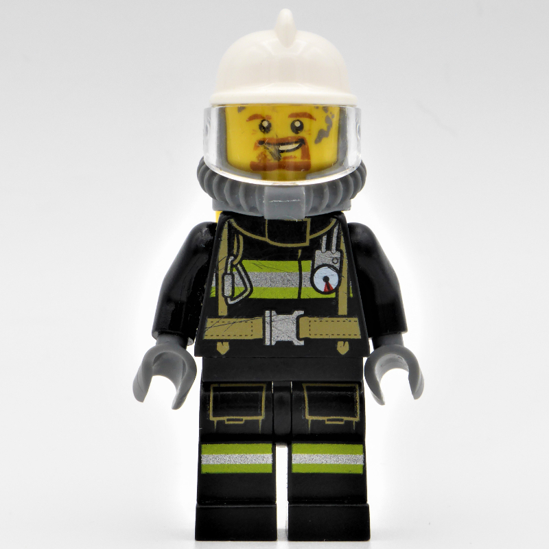 Lego Ed, Black Fire Suit with Gauge and Straps, White Helmet, Breathing Apparatus, Airtanks, Goatee Beard