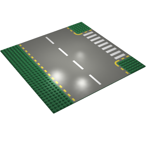 Lego Baseplate 32 x 32 with 6-Stud T Intersection with Dark Gray Road, Yellow Dashed Lines, and Crosswalk Print / Green