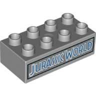 Lego Duplo Brick 2 x 4 with 'Jurassic World' print / Light Bluish Gray