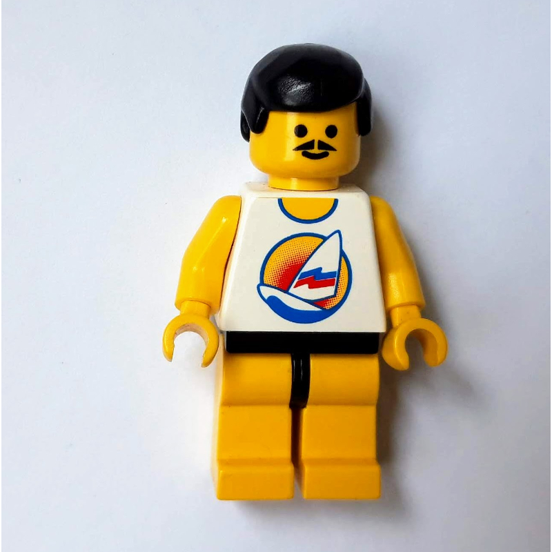 Lego Man, White Tank Top with Windsurfer, Yellow Legs, Black Hair, Moustache