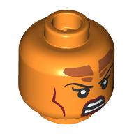 Lego Minifig Head Tiefling Sorcerer, Thin Black Eyebrows, Dark Red Lips, Dark Orange Markings, Lopsided Grin/Angry Scowl / Orange