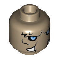 Lego Minifig Head Mungus, Dual Sided, Mammoth Fur, Light Blue Eyes, Tusks, Neutral / Stern Print / Dark Tan