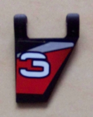 Lego Flag 2 x 2 Trapezoid with Flat Edge with White Stylized Number 3 on Black, Red, and Silver Background Pattern Model Right Side (Sticker) - Set 8381
