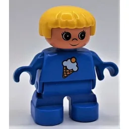 Duplo Figure, Early Child, with Straight Hair Yellow, Blue Legs, Ice Cream Print / Blue