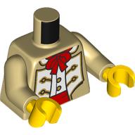 Lego Torso, Coat, White Panels, Red Bow Tie, Sash, Gold Trim print, Tan Arms, Yellow Hands / Tan