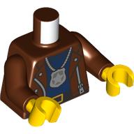 Lego Torso, Jacket, Zipper, Silver Police Badge on Necklace, Dark Blue Shirt, Black Belt print, Reddish Brown Arms, Yellow Hands / Reddish Brown