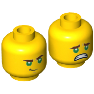 Lego Minifig Head Lloyd, Greens Eyes, Reddish Brown Eyebrows, Smirk / Scared Print / Yellow