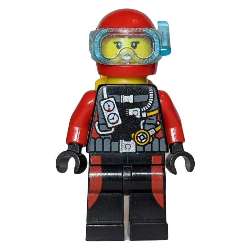 Lego Diver, Woman, Black and Red Wetsuit with Gauges, Red Helmet with Mask