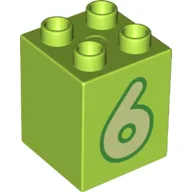 Duplo Brick 2 x 2 x 2 with Yellowish Green '6' Print / Lime
