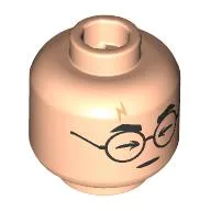 Minifig Head Harry Potter, Scar, Thick Eyebrows, Glasses, Closed Eyes, Happy Open Mouth / Light Nougat