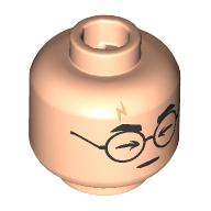 Lego Minifig Head Harry Potter, Scar, Thick Eyebrows, Glasses, Closed Eyes, Happy Open Mouth / Light Nougat