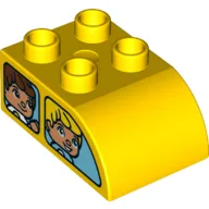 Duplo Brick 2 x 3 with Curved Top with 2 Windows on each Long Side with a Different Face in each of the 4 Windows / Yellow