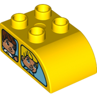 Lego Duplo Brick 2 x 3 x 1 with Curved Top - 2 Windows on each Long Side with a Different Face in each of the 4 Windows / Yellow