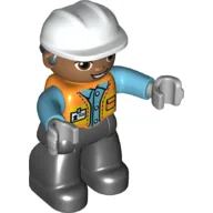 Duplo Figure with Hard Hat and Hair, Black Legs, Safety Vest / Orange