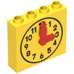 Duplo Brick 1 x 4 x 3 with Movable Red Hands and Yellow Clock Face Print / Yellow