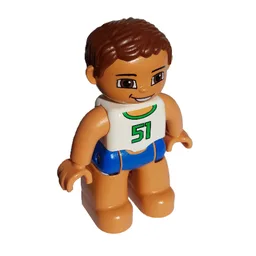 Duplo Figure with Parted Wavy Hair Reddish Brown, Blue Swim Trunks, White Top with '51' Print / White