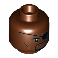 Lego Minifig Head Nick Fury, Black Eyepatch, Round Beard, Stern/Angry / Reddish Brown