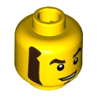 Minifig Head Race Car Guy, Dark Brown Eyebrow, Sideburns, and Soul Patch, Smirk Print / Yellow