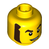 Lego Minifig Head Race Car Guy, Dark Brown Eyebrow, Sideburns, and Soul Patch, Smirk Print / Yellow