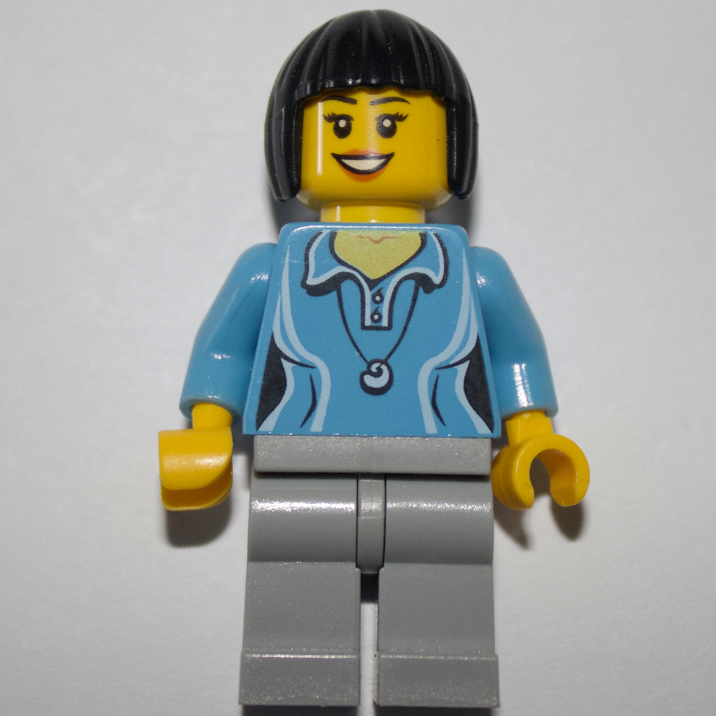 Lego Woman, Medium Blue Polo Shirt with Necklace, Light Bluish Gray Legs, Black Hair