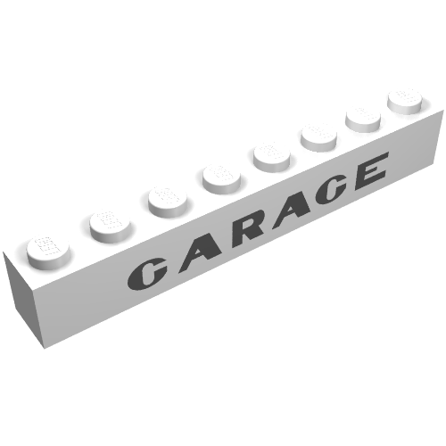 Lego Brick 1 x 8 with 'GARAGE' with Plain 'G' Sans-Serif Thick Print / White