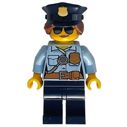 Policewoman, Bright Light Blue Shirt with Radio and Badge, Dark Blue Legs, Police Hat with Badge, Sunglasses