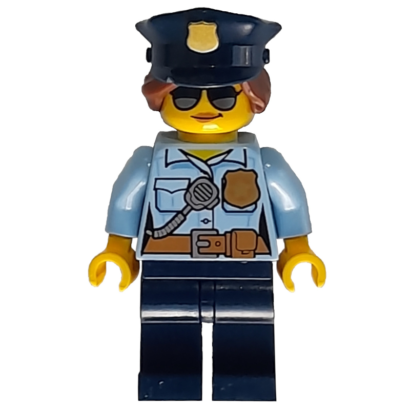 Lego Policewoman, Bright Light Blue Shirt with Radio and Badge, Dark Blue Legs, Police Hat with Badge, Sunglasses