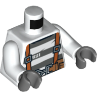 Lego Torso Prison Shirt, '621', Dark Bluish Gray Stripes, Suspenders and Belt with Pliers and Rope Print, White Arms, Dark Bluish Gray Hand / White