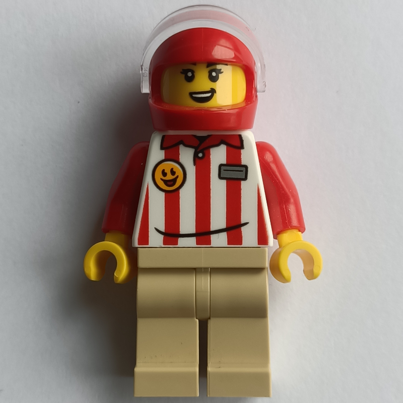 Lego Hotdog Vender, Red/White Stripes Shirt, Tan Legs, Red Helmet