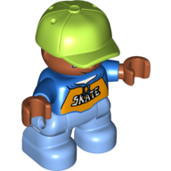 Lego Duplo Figure Child with Cap Lime, with Blue Shirt with 'SKATE' print - Medium Nougat Face and Hands - Medium Blue Legs / Blue