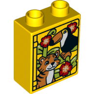 Lego Duplo Brick 1 x 2 x 2 with Bottom Tube with Toucan and Tiger Print / Yellow
