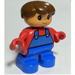 Duplo Figure, Early Child, Hair Swept Left Brown, Blue Legs, Red Top with Blue Overalls Print / Red
