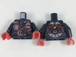 Torso Biker Vest with Number 103 and Red and Silver Patches, Garmadon Mask on Back Pattern / Black Arms / Red Hands